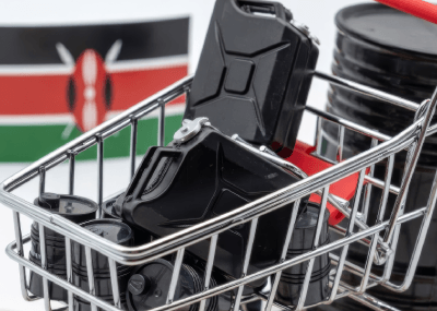 fuel cannisters in a shopping cart against the background of the kenyan flag