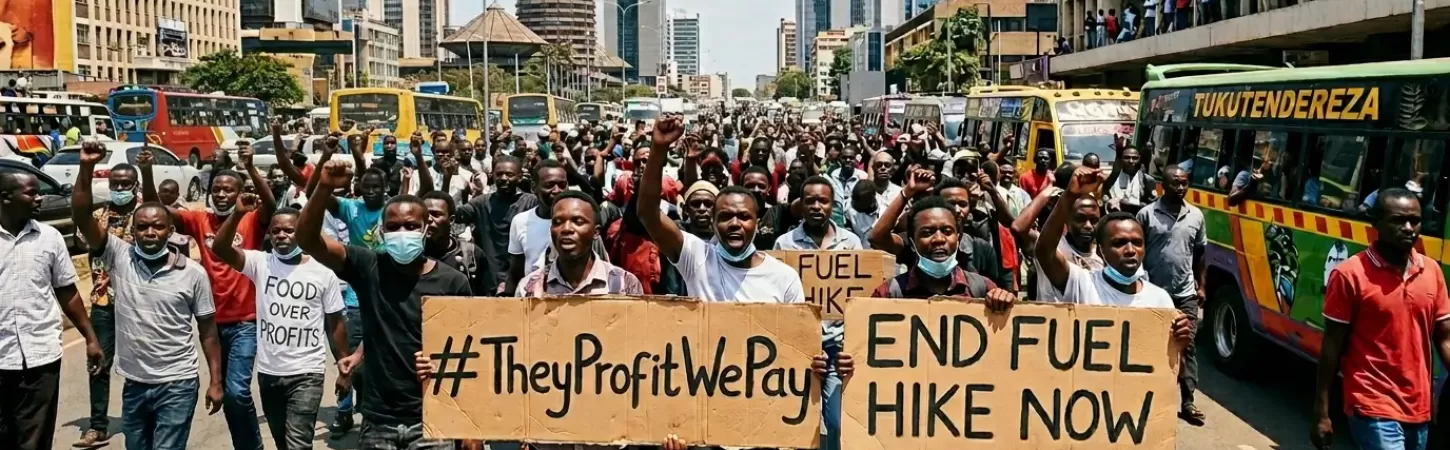 Protesters in Nairobi holding up placards protesting the Iran war. The placards say We Pay They Profit